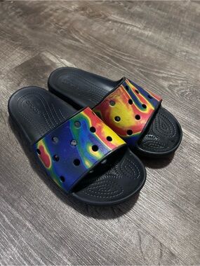 CROCS Kids Rainbow Slide Sandals - Black with Multicolor Strap